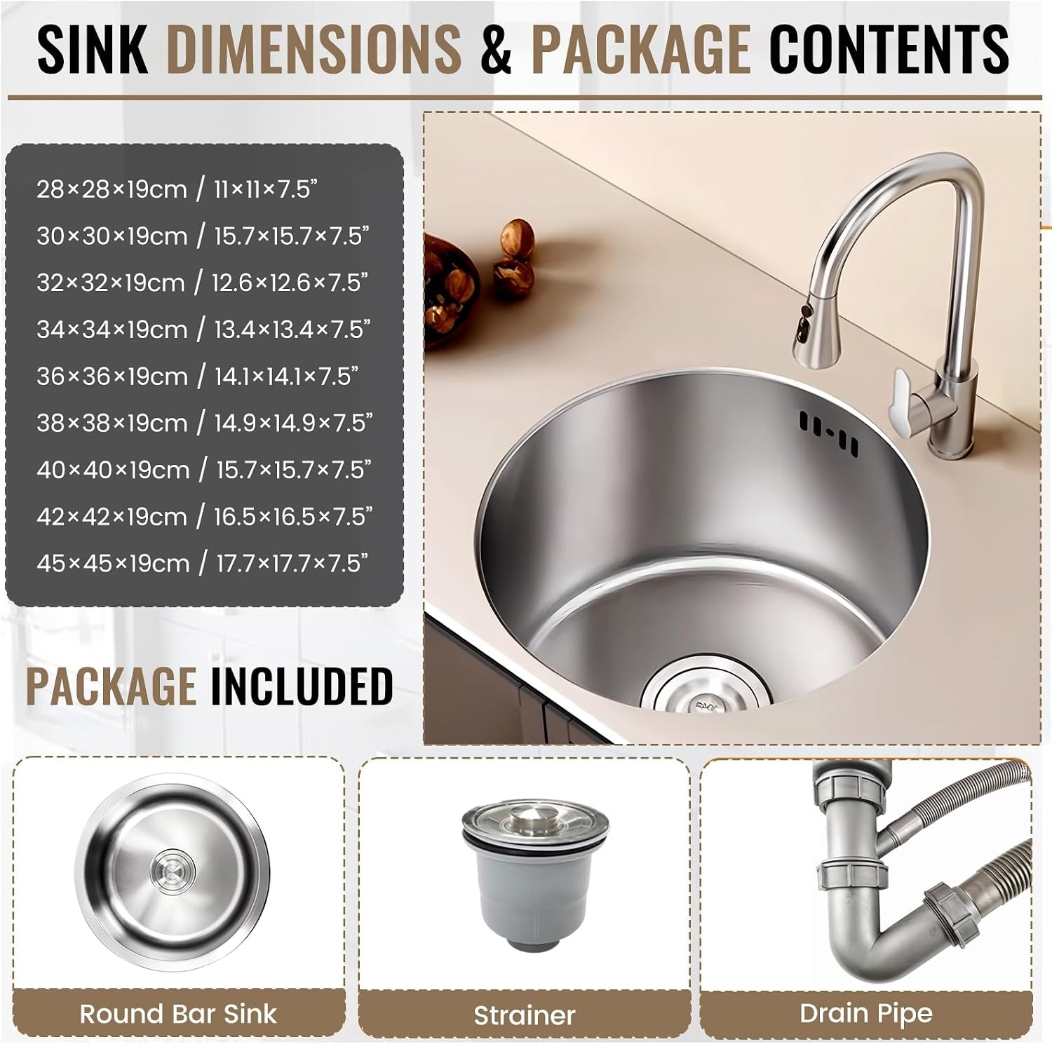 304 Stainless Steel Single Bowl Kitchen Sink, Drop-In/Undermount Workstation Sink With Drain, Handmade Small Wet Bar Sink For RV, Home, Office, Durable Washing Basin Pool(Silver,30x30x19cm)