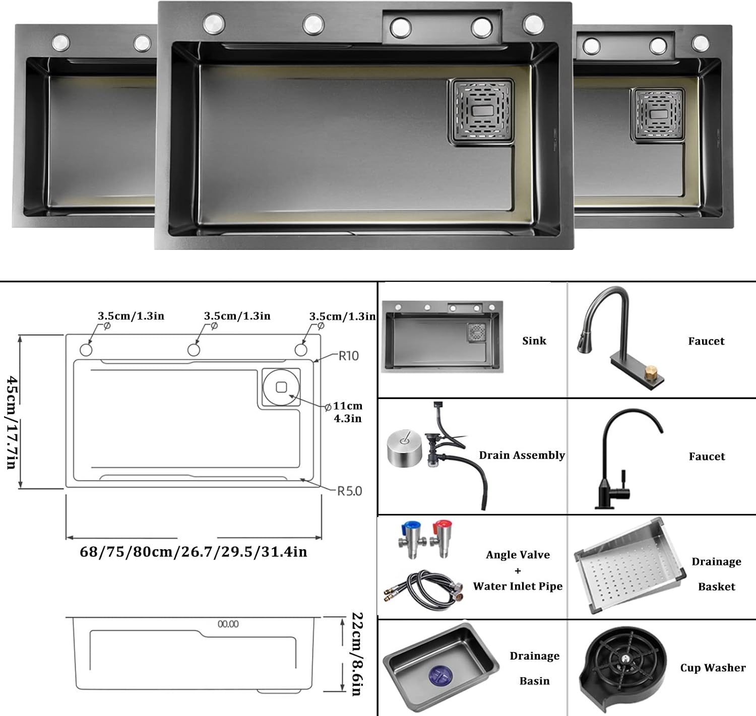 Black Nano Single Bowl Kitchen Sink 304 Stainless Steel Waterfall Bar Sink Multi-Purpose Handmade Sink Rv Sink with 360 ° Pull-Out Faucet and Cup Washer Top(Black-68x45x22cm