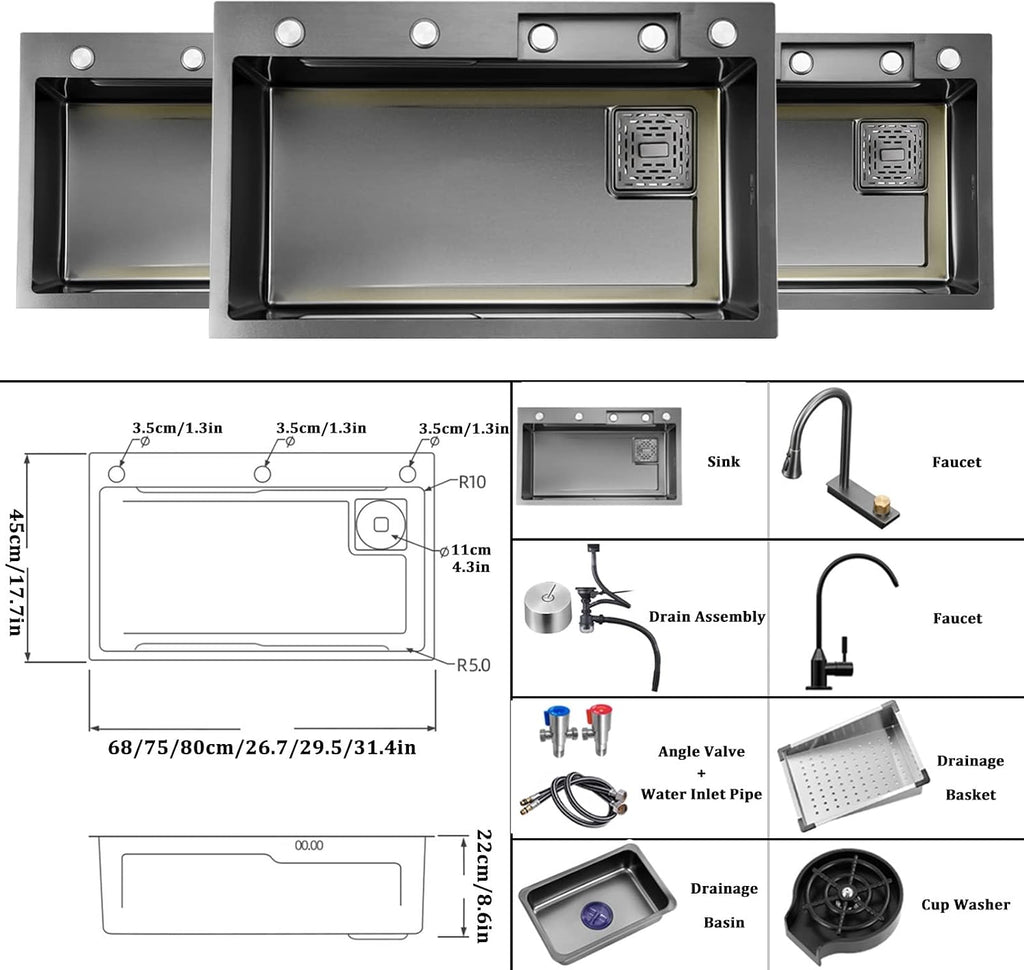 Black Single Bowl Kitchen Sink 304 Stainless Steel Waterfall Bar Sink Multi-Purpose Handmade Sink Rv Sink with 360 ° Pull-Out Faucet and Cup Washer Top Mount Or Undermount (Color : Blac