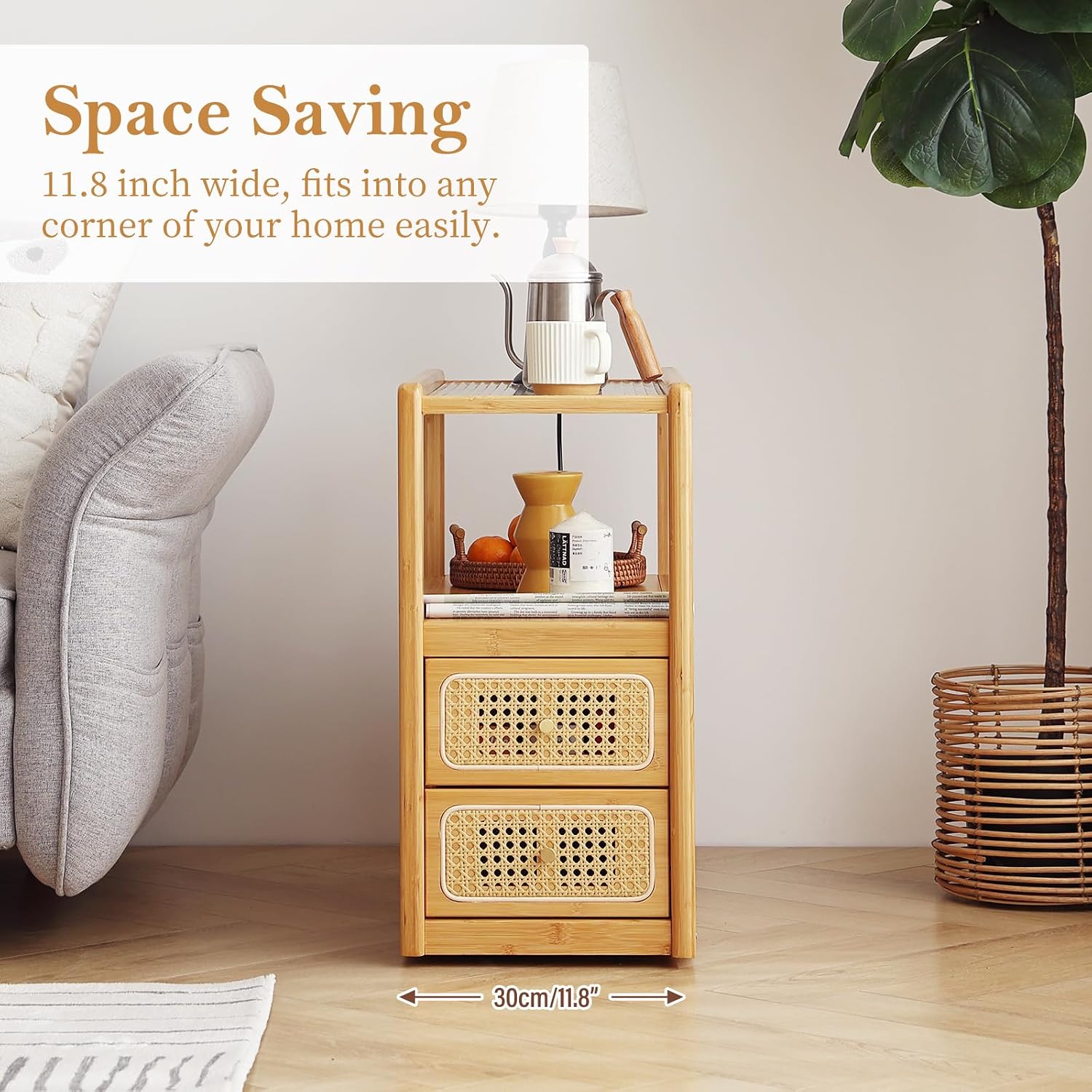 Tiita Rattan Nightstand Side Table, Bamboo Accent Bedside Tables, Glass Coffee Tables, Boho Wooden End Table with Storage for Small Space, Living Room and Bedroom