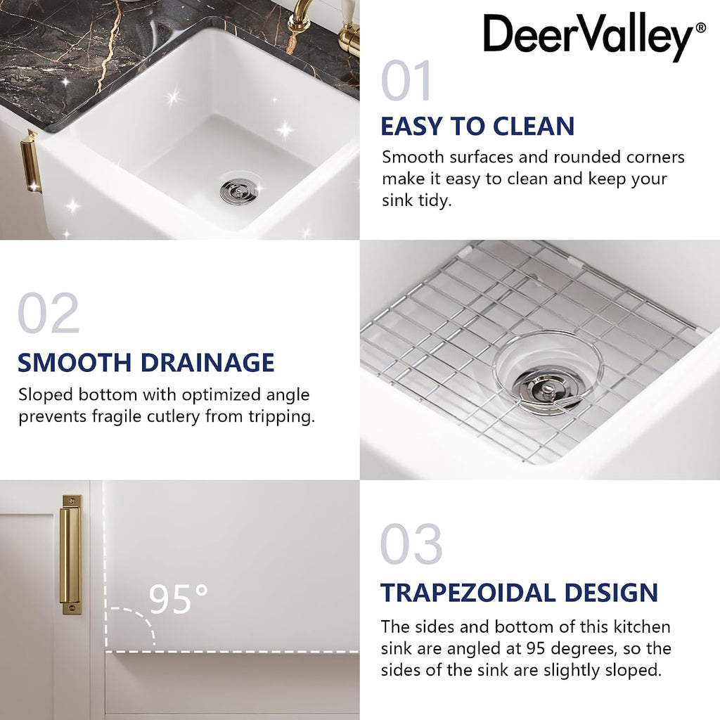 DeerValley Double Bowl White Kichen Sink 33 inch, Ceramic Apron Front Farmhouse Sink, Deep Drop-in Fireclay Undermount Large Sinks with Grid & Strainer