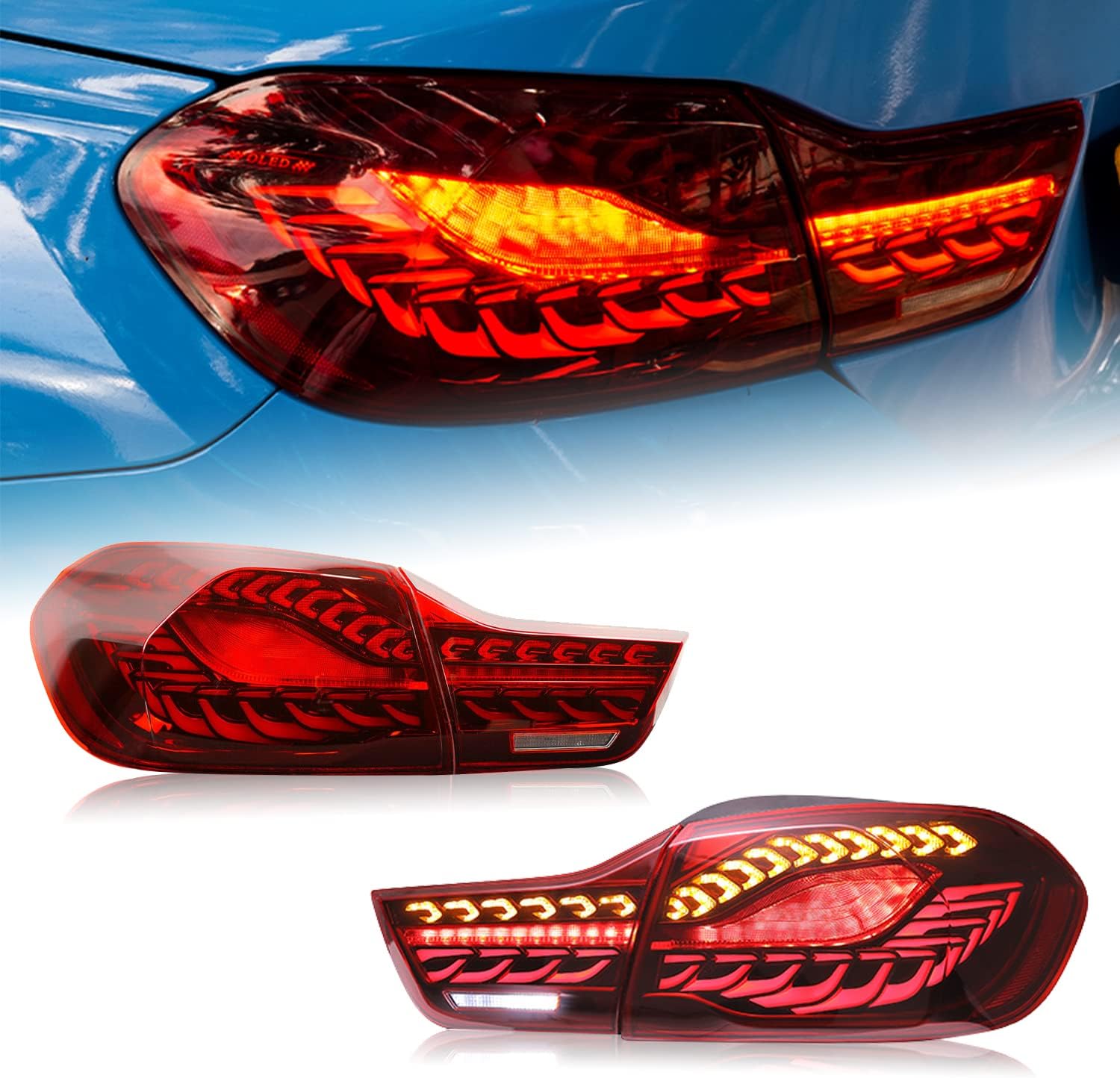 HCmotion LED Tail Lights Assembly For BMW 4 Series M4 F32 F33 F82 F36 F82 F83 Sedan/Convertible/Coupe 2014-2020,LED Rear Lamps With Start-up Animation & Sequential Indicator (Red)