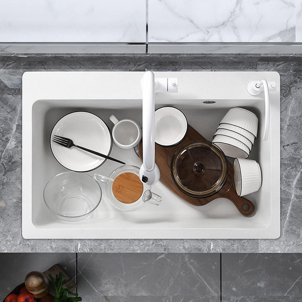 White Quartz Stone Sink Large Single Bowl Kitchen Sink Granite Sink Drop-in Washing Bowl with Pull Out Faucet and Water Purification Faucet Combo, White (White-50x43cm