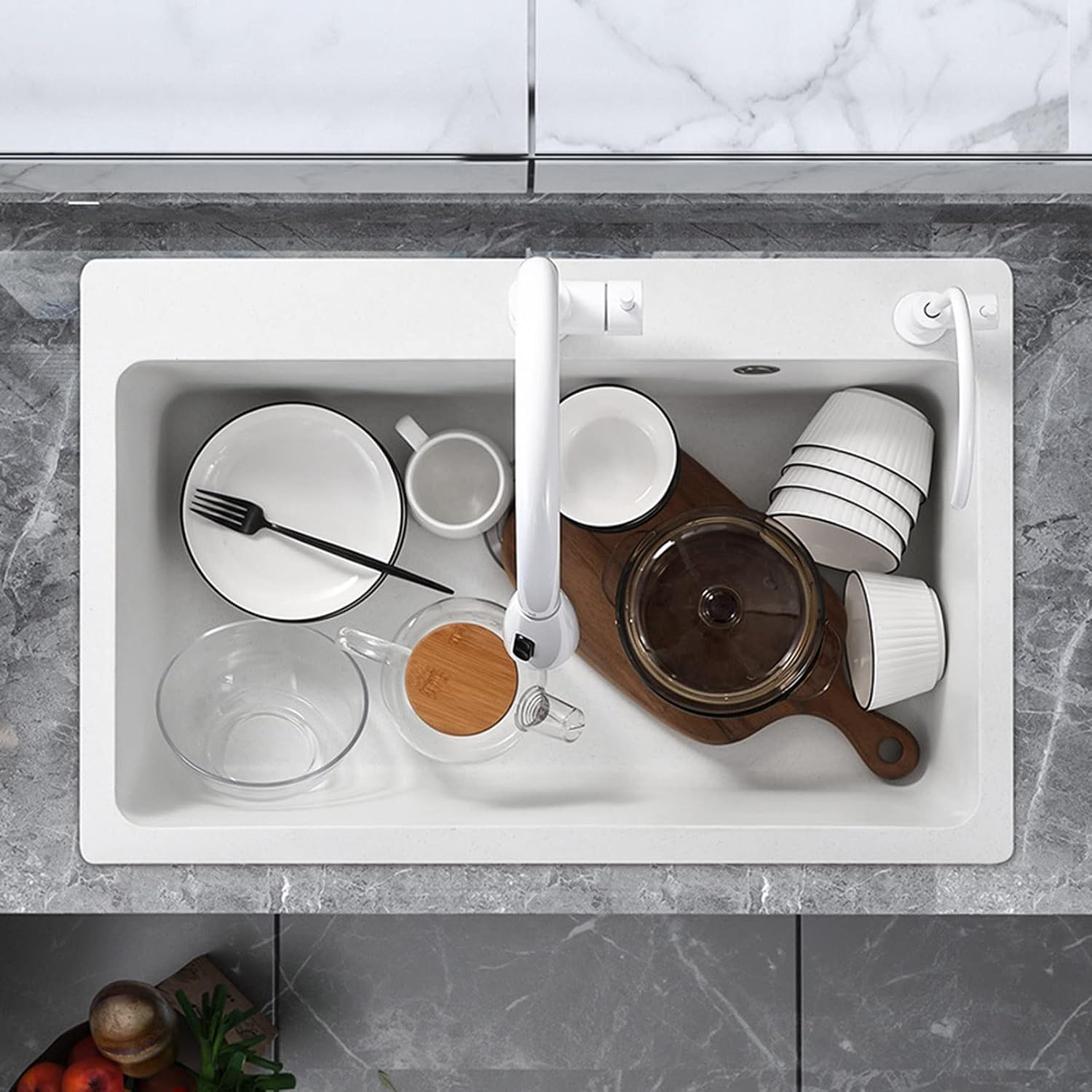 White Quartz Stone Sink Large Single Bowl Kitchen Sink Granite Sink Drop-in Washing Bowl with Pull Out Faucet and Water Purification Faucet Combo, White (White-50x43cm