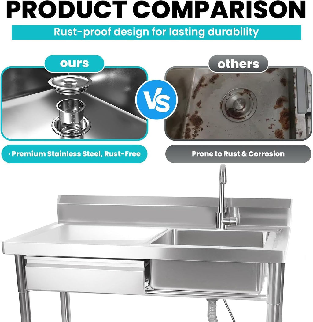 Utility Sink Stainless Steel Laundry Sink, 360 Degree Rotating Faucet, Hot And Cold Water Functions for Garage Kitchen Bathroom Laundry Use (Single Bowl 40'' Sink with Drawer and Workbench)