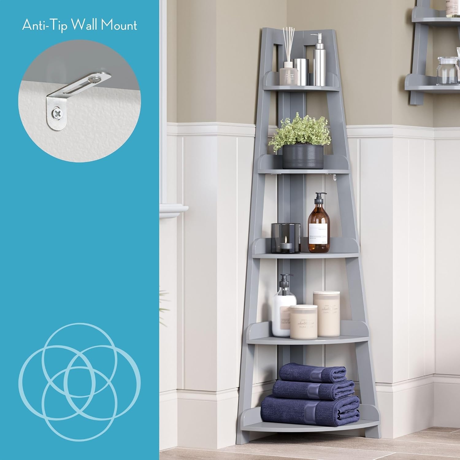 RiverRidge Amery 5-Tier Corner Ladder Shelf - Narrow Corner Shelf Maximizes Storage & Display in Small Spaces - Gray Open Shelving Design for Bathroom, Living Room, Office