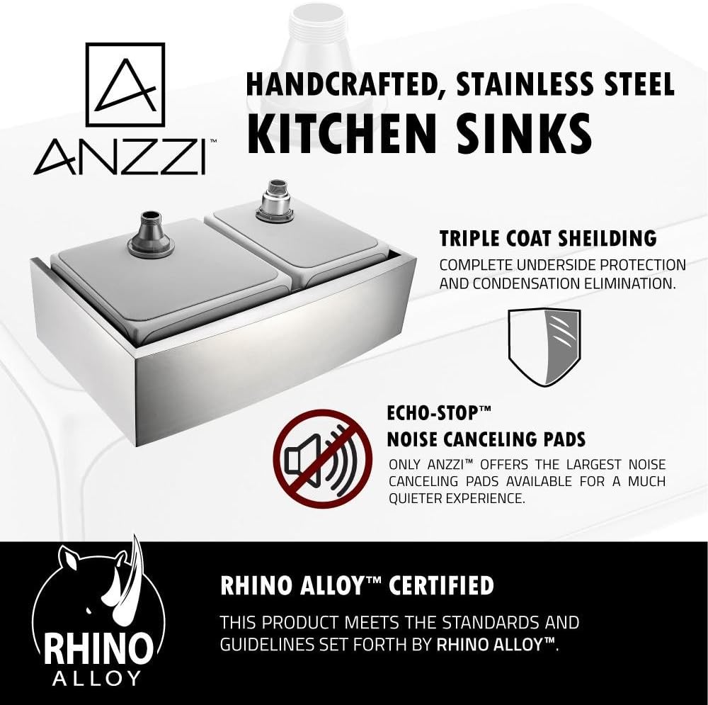 ANZZI Elysian 33' Farmhouse Stainless Steel 60/40 Double Bowl Kitchen Sink in Brushed Satin with Strainer, 18 Gauge Large Dual Deep Soak Basin Commercial Utility Prep Work Station, K-AZ3320-4A