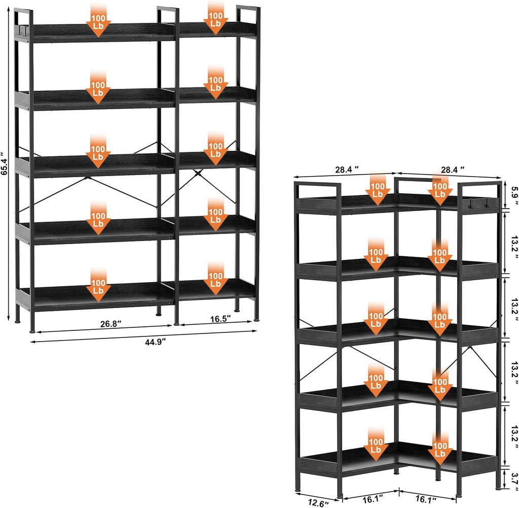 KOUSEI 5-Tier Corner Bookshelf, Reversible L-Shaped Bookcase with 4 Hooks, 65' Industrial Wood & Metal Storage Shelf for Living Room, Home Office & Bedroom, Black