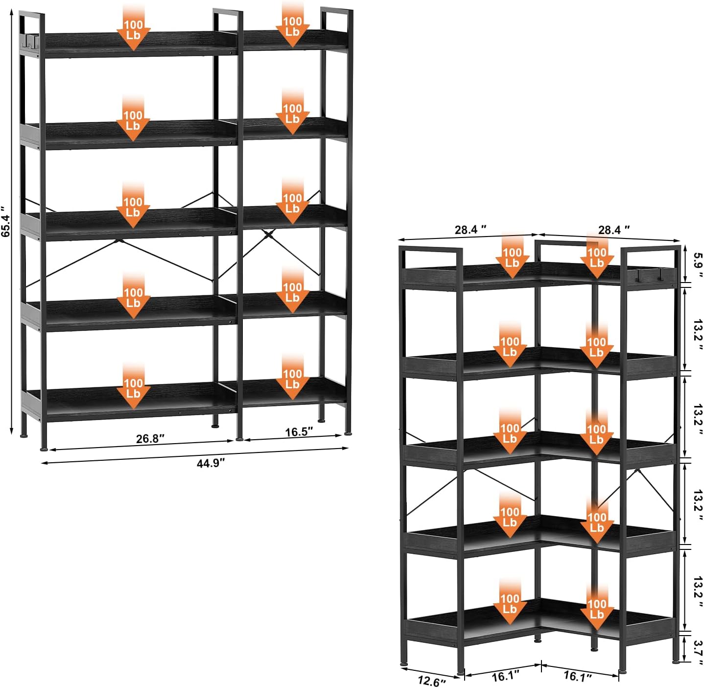 KOUSEI 5-Tier Corner Bookshelf, Reversible L-Shaped Bookcase with 4 Hooks, 65' Industrial Wood & Metal Storage Shelf for Living Room, Home Office & Bedroom, Black