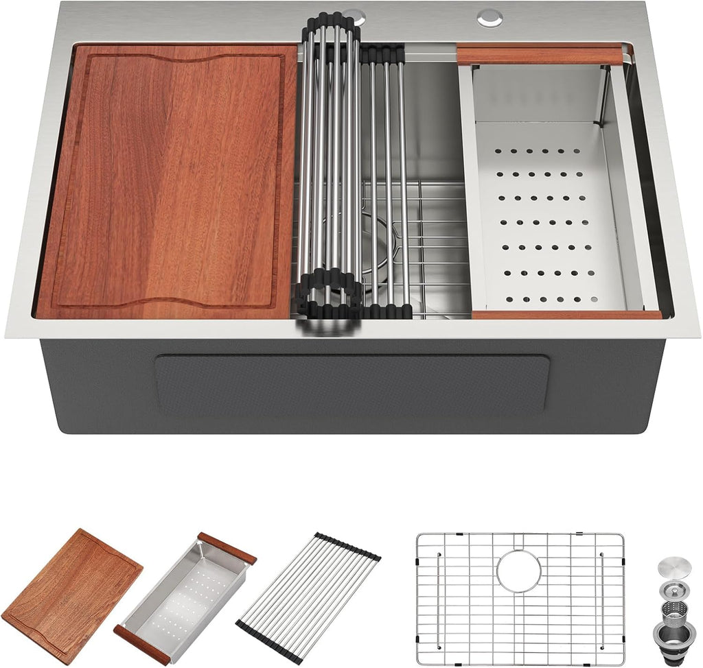 28x22 Inch Drop In Kitchen Sink Workstation 16 Gauge 304 Stainless Steel Handmade Welding Topmount Sink with Single Bowl, R10 Rounded Corner 28'x22'x10', #YST0001
