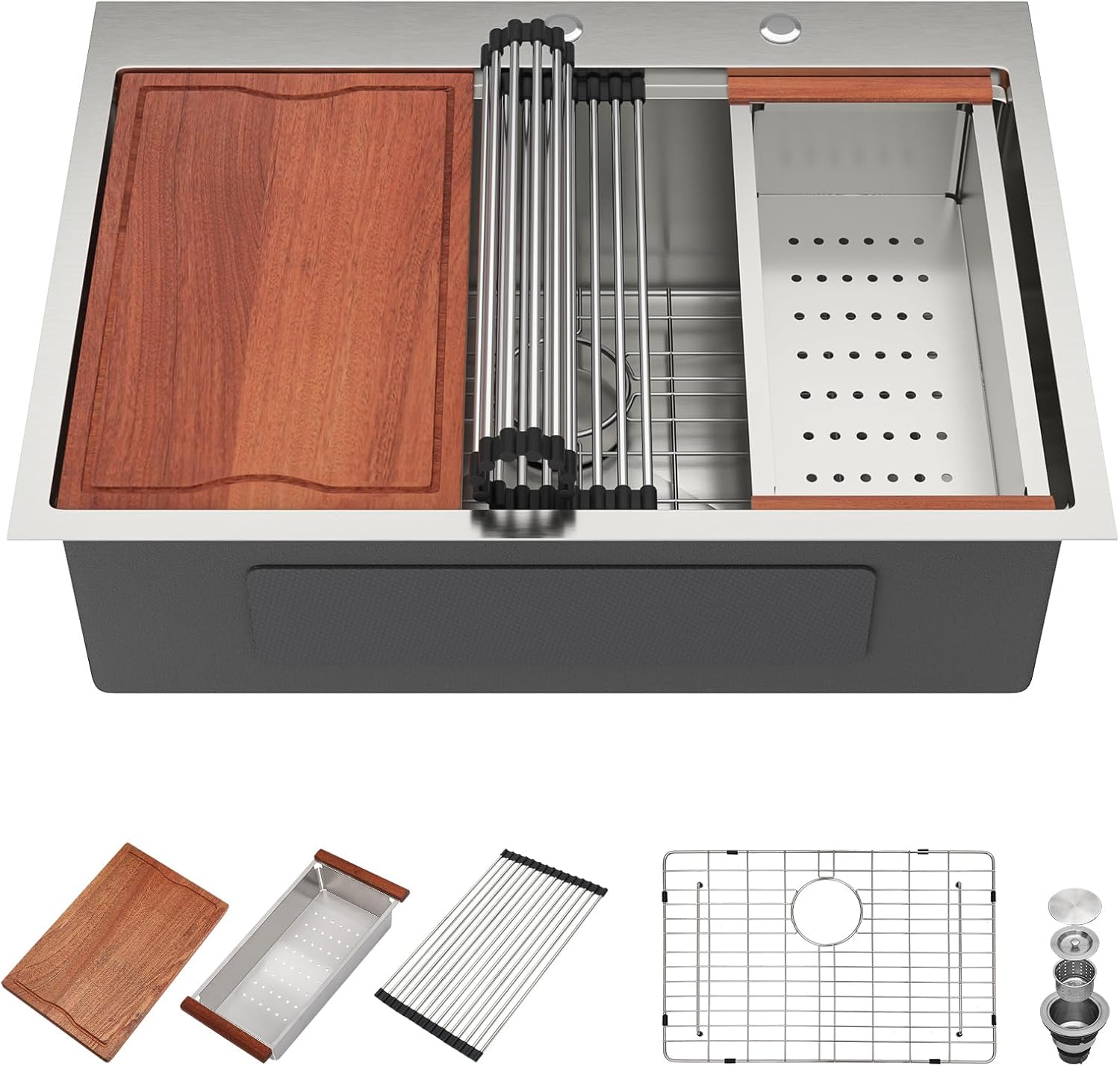 28x22 Inch Drop In Kitchen Sink Workstation 16 Gauge 304 Stainless Steel Handmade Welding Topmount Sink with Single Bowl, R10 Rounded Corner 28'x22'x10', #YST0001