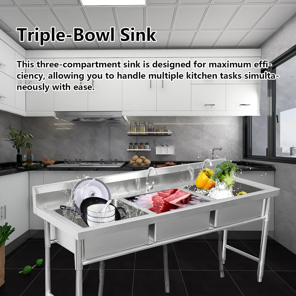 Stainless Steel Triple Bowl Kitchen Sink, Free Standing Utility Sink, Multipurpose Vanity Basin for Laundry Room,Garage,Basement(120X60cm/47.2X23.6in)