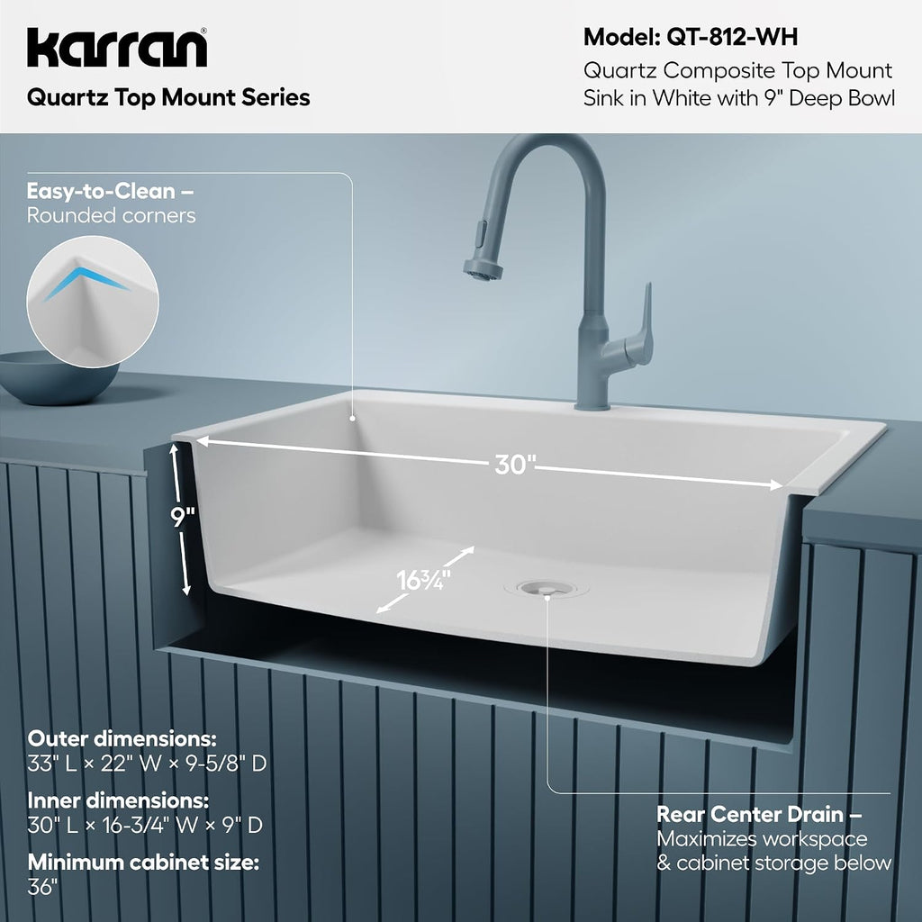 Karran 33' Drop-In Top Mount Quartz Composite Single Bowl Kitchen Sink in White – Extra Deep 9' Basin, Heat Resistant, Sound Dampening, Easy Clean Surface