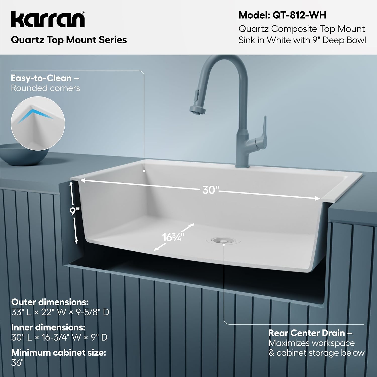 Karran 33' Drop-In Top Mount Quartz Composite Single Bowl Kitchen Sink in White – Extra Deep 9' Basin, Heat Resistant, Sound Dampening, Easy Clean Surface