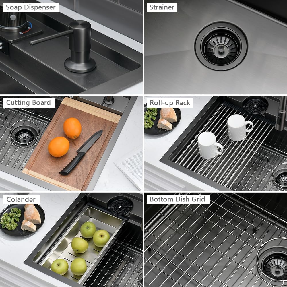 33 Black Drop In Waterfall Kitchen Sink Workstation-VASOYO 33x22 Black Stainless Steel Waterfall Kitchen Sink with Facuet and Cup Washer 16 Gauge Multifunctional Deep Single Bowl Topmount Smart Sinks
