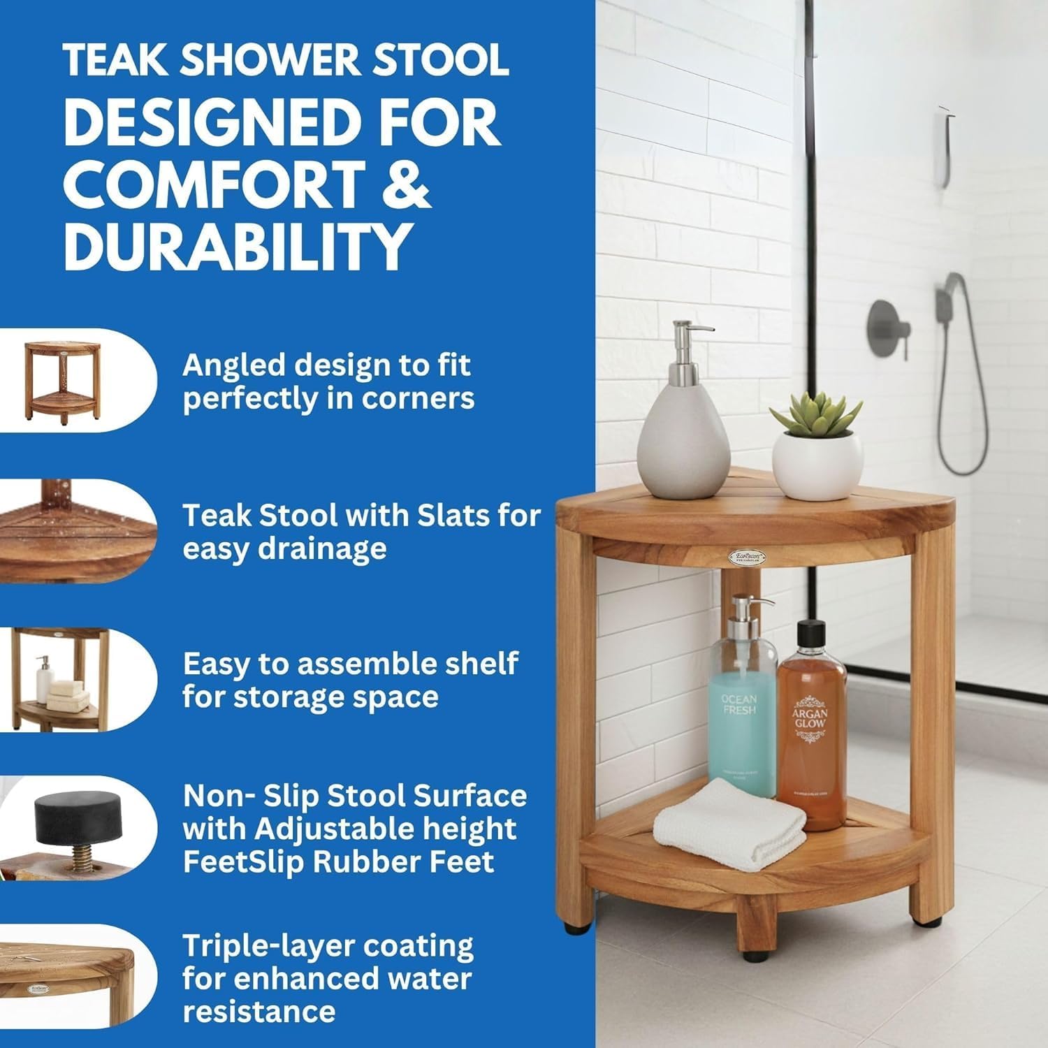 EcoDecors Fully Assembled SnazzyCorner® 18' Teak Shower Bench, Corner Shower Stool, w Shelf in Earthy Teak Finish, Compact Fit for Small Bathrooms & Walk-in Showers – Slip-Resistant Feet, Sauna Bench