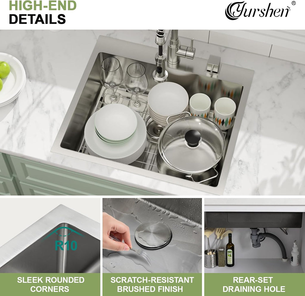 25 Inch Drop In Kitchen Sinks, 25'x22'x9' Topmount Stainless Steel Kitchen Sinks 16 Gauge 304 Drop Single Bowl Sink Basin R10 Corners, YST341