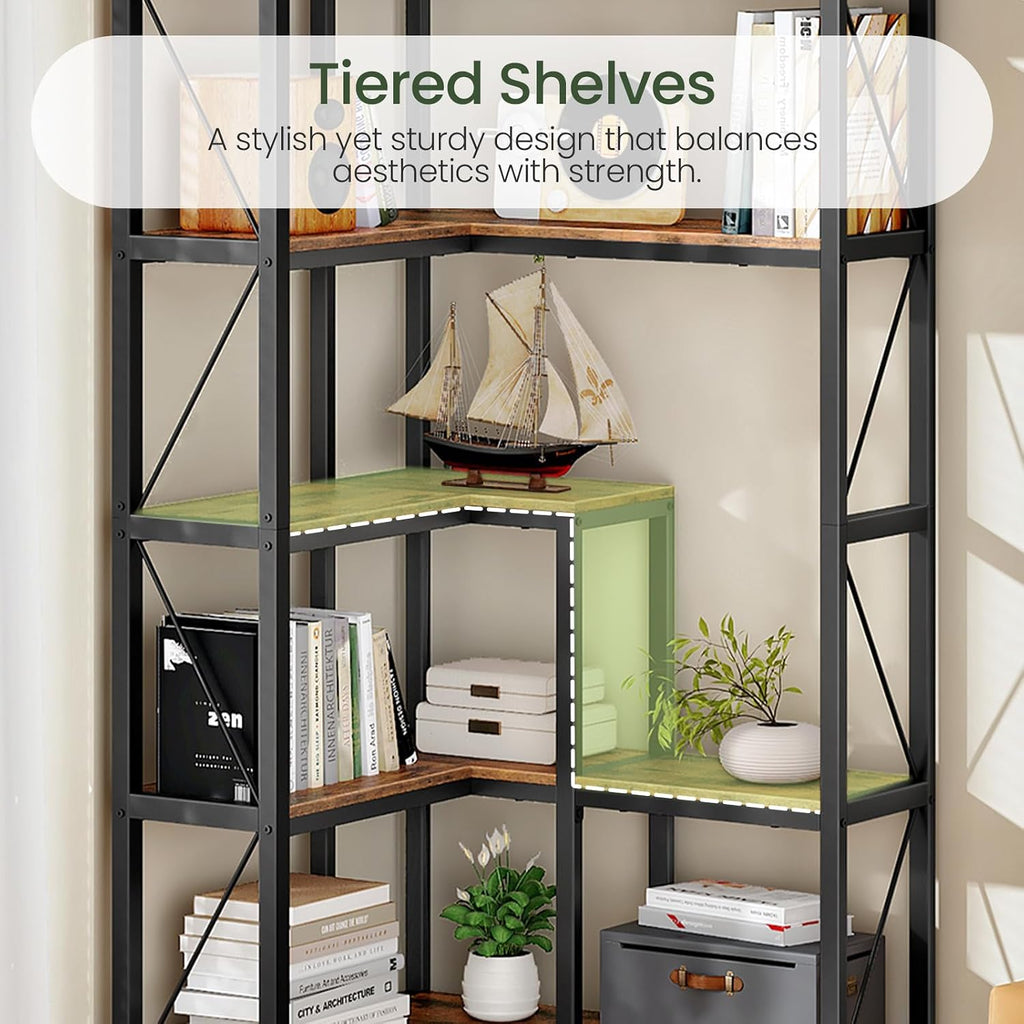 CHOEZON 5-Tier Corner Bookshelf, 65.5'' Tall L-Shaped Bookcase, Corner Storage Stand with Metal Frame, Display Storage Rack, for Living Room, Home Office, Bedroom, Rustic Brown TSJ12BF
