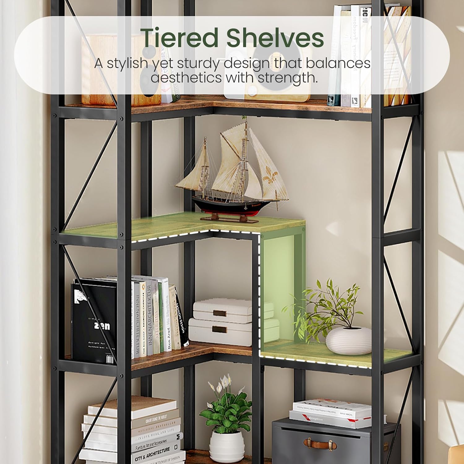 CHOEZON 5-Tier Corner Bookshelf, 65.5'' Tall L-Shaped Bookcase, Corner Storage Stand with Metal Frame, Display Storage Rack, for Living Room, Home Office, Bedroom, Rustic Brown TSJ12BF
