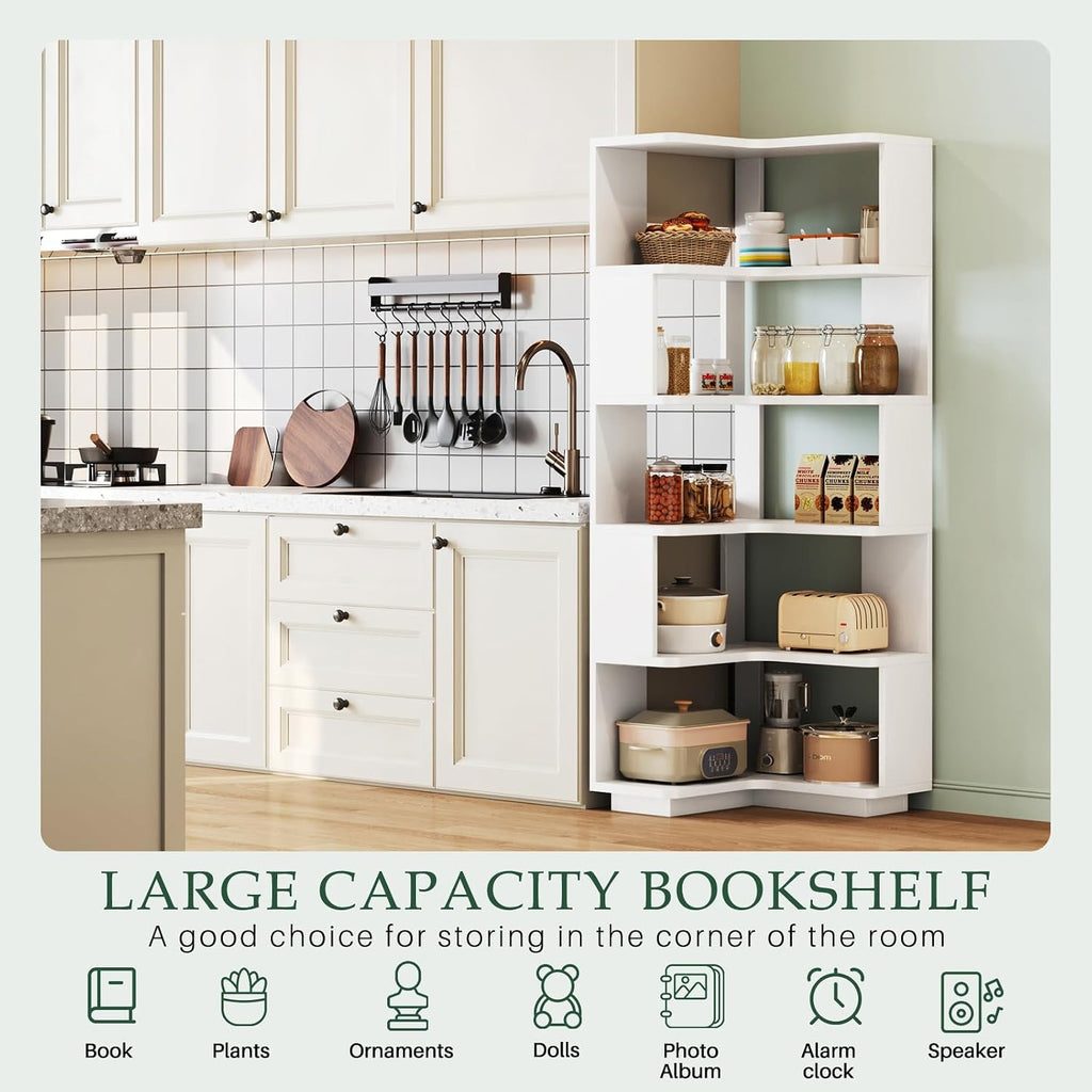 Wooden 5 Tier L-Shaped Corner Bookshelf - 65' Tall Solid Wood Corner Book Shelves for Space Saving, Bookcase Open Display Shelf with Baffle for Home Office, Living Room, Bedroom, Kitchen, White