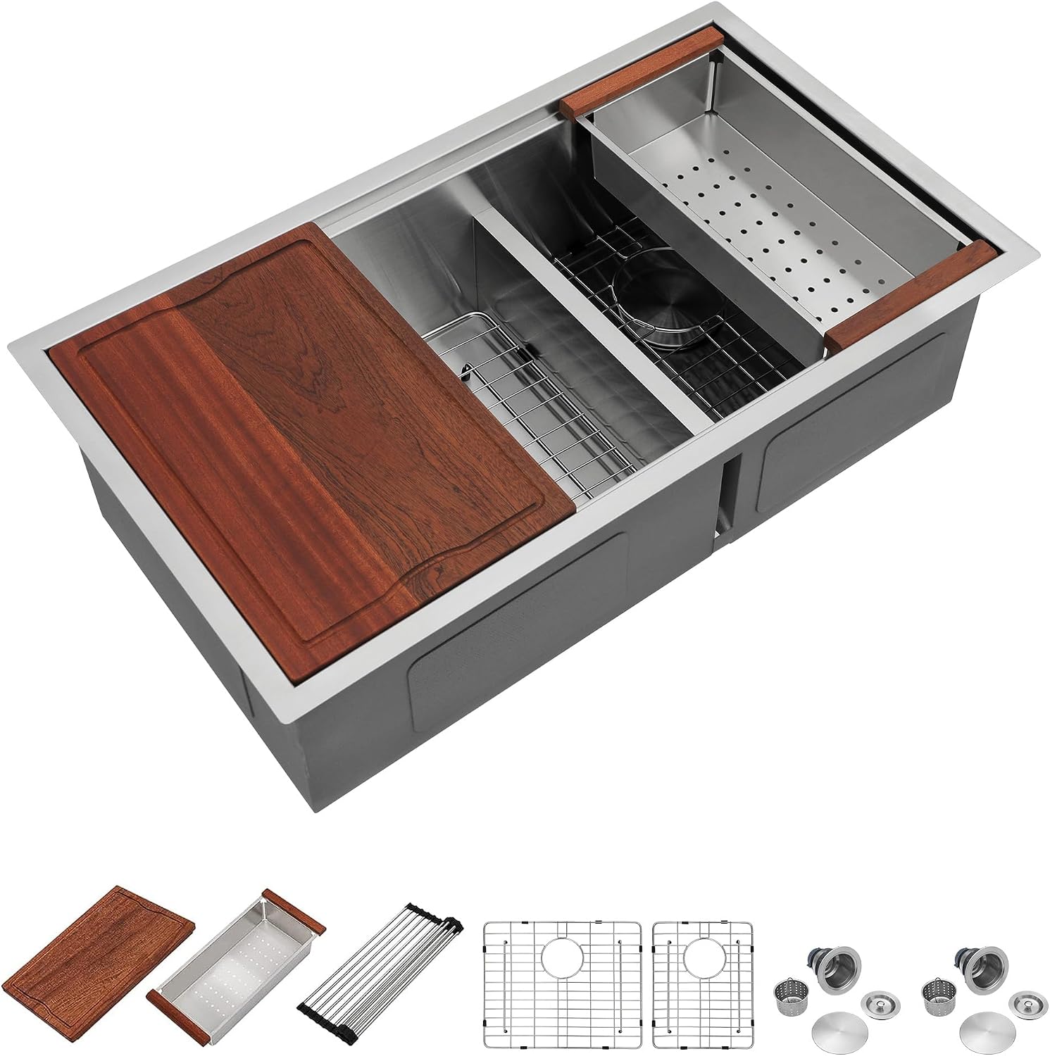 Dcolora 36 In. Undermount Double Bowl Kitchen Sink, 60/40 Low Divide Workstation, 16 Gauge 304 Stainless Steel Sink, 36' x 19' x 10' #DC-U7739