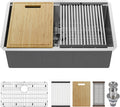 DeerValley 30 x 18 Inch Undermount Kitchen Sink Workstation - 18 Gauge Stainless Steel Single Bowl Sink, Handmade with Built-In Accessories, Ledge Design & Cutting Board