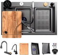 Gold Stainless Steel Single Bowl Kitchen Sink With Drainer, Drop In/Undermount Large Workstation Sink, Includes Pull Out Faucet, Cup Washer, Basin, Drain Basket, Full Waste Kit(Black,65x50x22cm)