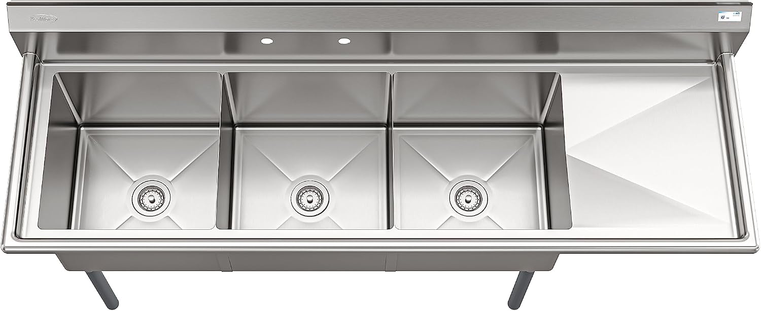 KoolMore 75 in. Three Compartment 18-Gauge Stainless-Steel NSF Commercial Kitchen Sink, Bowl Size 18x18x14, with Three Basins and Pre-Drilled Faucet Holes with a Right Drainboard (KM-SC181814-18R3)