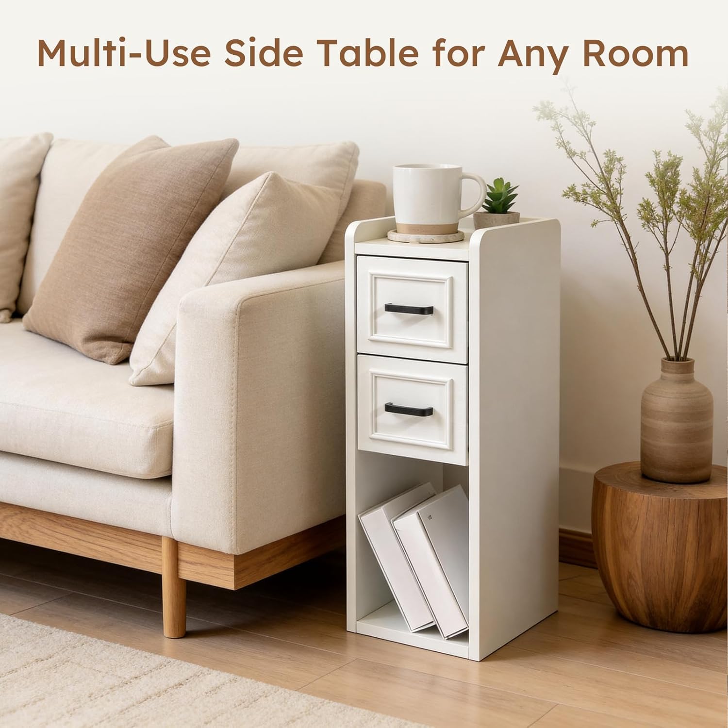 Narrow Nightstand Set of 2, Modern White Bedside Table with Drawers & Open Shelf, Modern End Table for Bedroom Small Spaces, Apartments, Renters