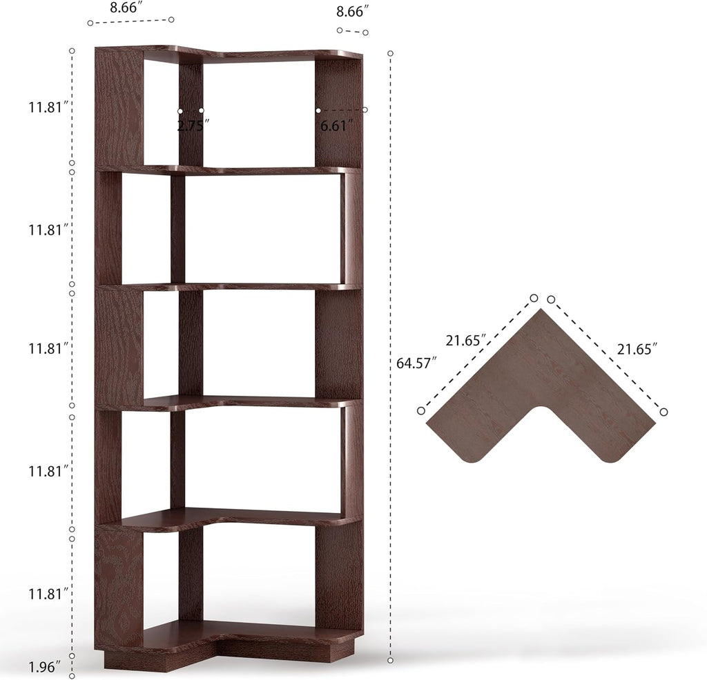 GDFStudio 64.6' Tall L-Shaped Corner Bookshelf, 6-Tier Freestanding Corner Shelf Bookcase with Anti-Drop Panels, Wooden Open Back Display Shelves Organizer for Living Room Bedroom Office, Ox Blood Red