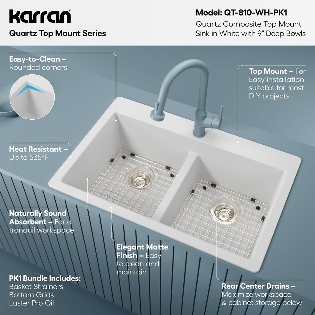 Karran QT-810 33' Top Mount Double Equal Bowl Quartz Kitchen Sink Kit in White