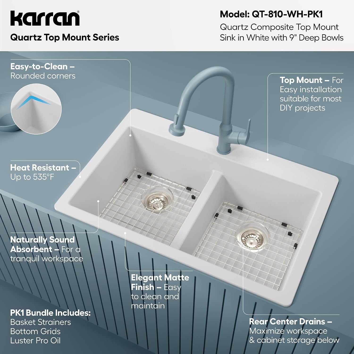 Karran QT-810 33' Top Mount Double Equal Bowl Quartz Kitchen Sink Kit in White