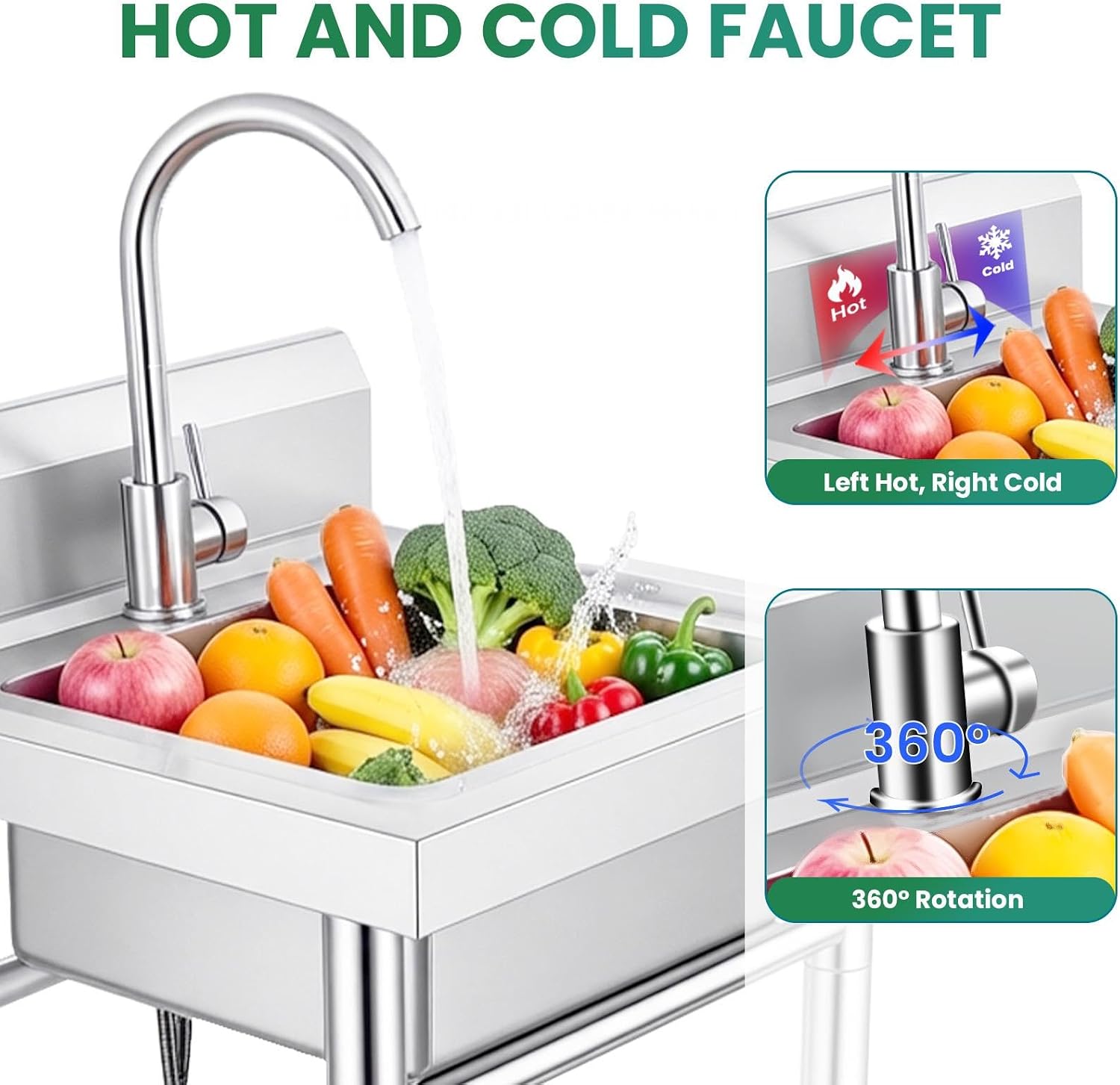 Utility Sink Stainless Steel Laundry Sink, 360 Degree Rotating Faucet, Hot And Cold Water Functions for Garage Kitchen Bathroom Laundry Use (Single Bowl 20'' Sink)