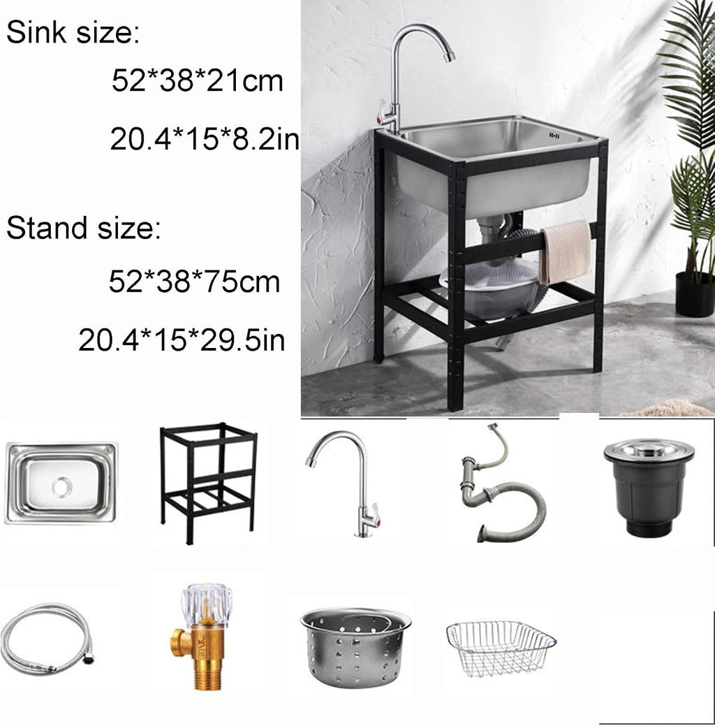 Movable Stainless Steel Kitchen Sink, Commercial 304 Stainless Steel Single Sink Bowl Restaurant Table Utility Sink Washing Hand Basin W/Faucet for Indoor Outdoor (Size : with Faucet) (with fauc