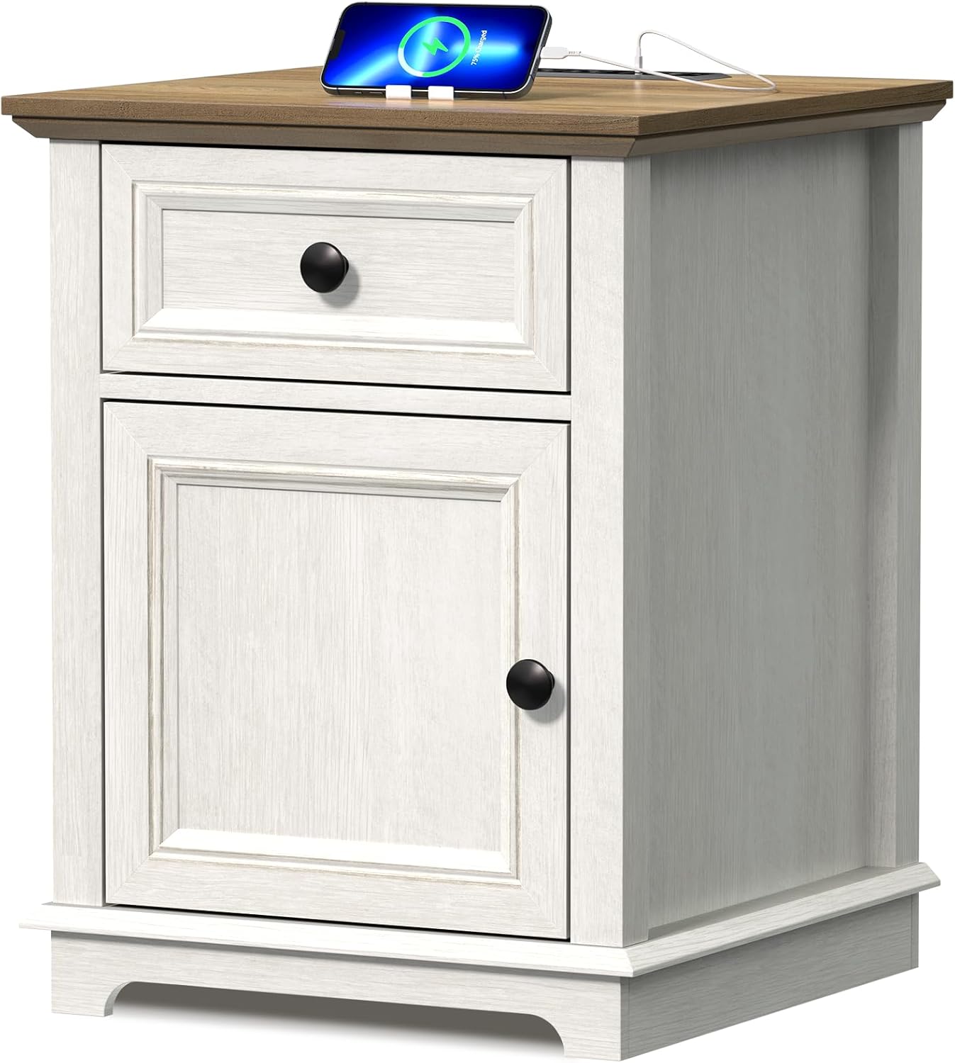 REDAYFUR End Table with Charging Station, Fast Charge, End Table with Drawer, Big Storage Side Table for Living Room/Bedroom, White