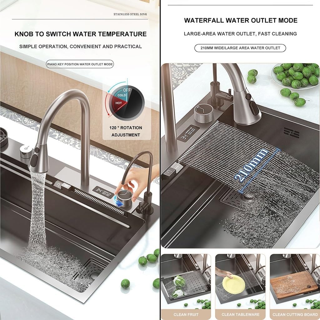 Generic Versatile Stainless Steel Single-Bowl Kitchen Workstation Sink Single-Bowl Kitchen Workstation Sink with Display Screen Waterfall Pull-Down Faucet and Cplete Accessory Set (Color : Black, Si