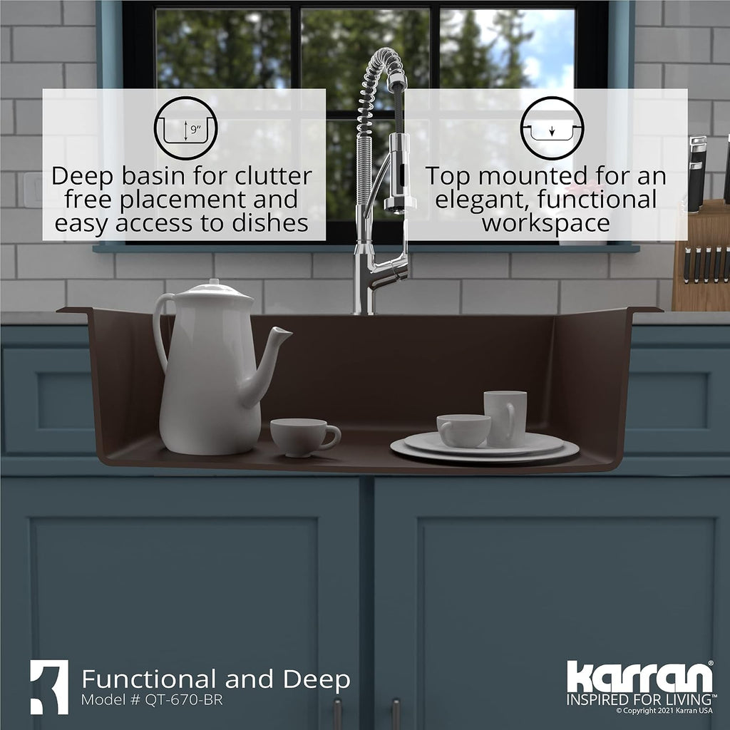 Karran QT-670 Drop-In/Top Mount 33' Single Bowl Granite Quartz Composite Kitchen Sink in Brown Right Side Drain, Extra Deep 9' Basin, Heat & Scratch Resistant, Sound Dampening