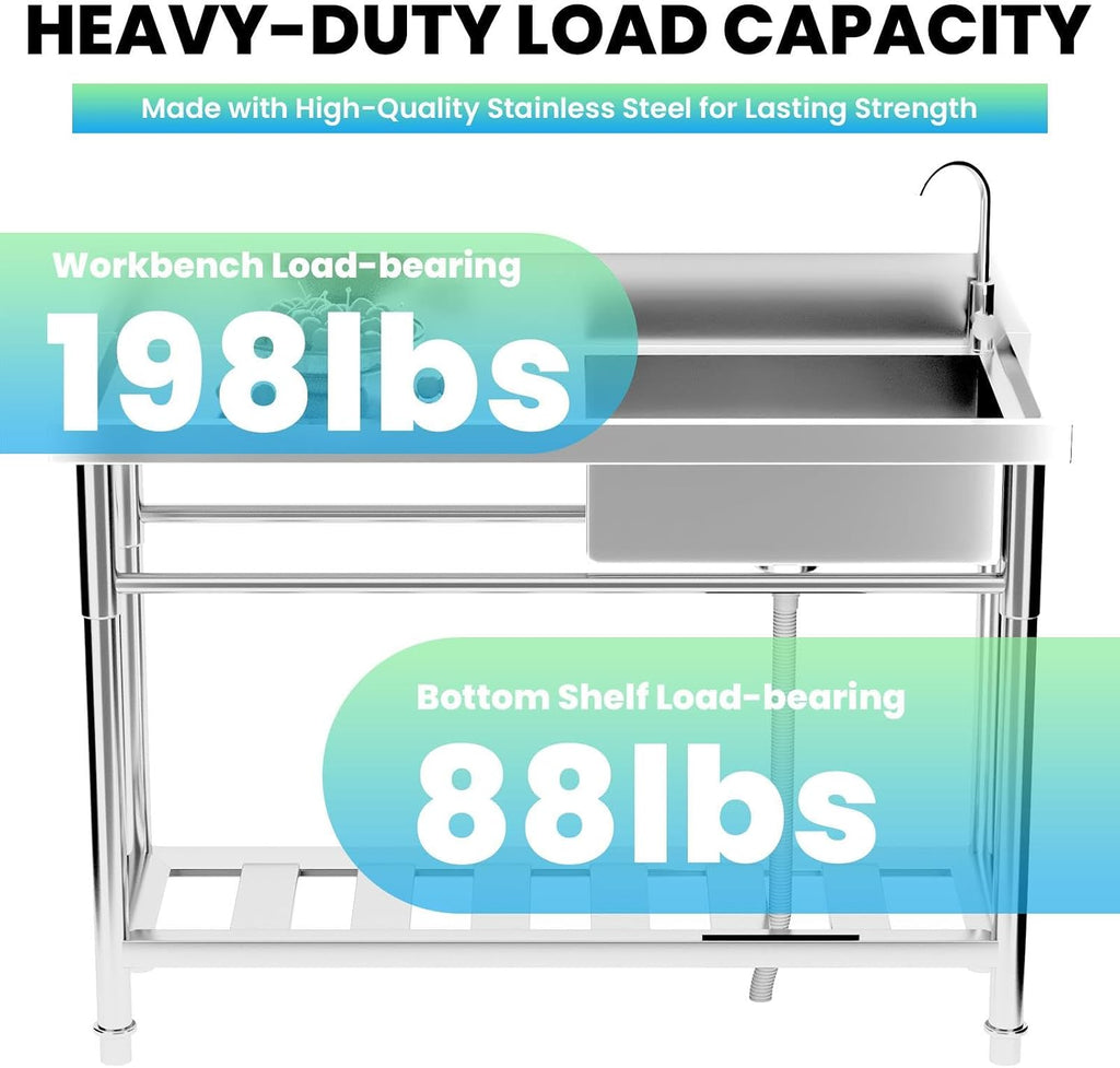 1 Compartment Sink Commercial, Stainless Steel Utility Sink for Restaurant Bar Kitchen, Extra Large Triple Bowl Commercial Sink for Food Prep and Cleaning (1 Compartment)