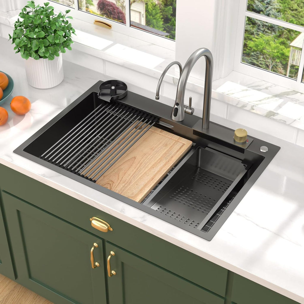 33x22 Gunmetal Black Drop In Kitchen Sink with Faucet, Waterfall Feature & Cup Washer, 16 Gauge 304 Stainless Steel, Workstation Accessories 3-Holes Sink for Residential Kitchen #TLWF-0001