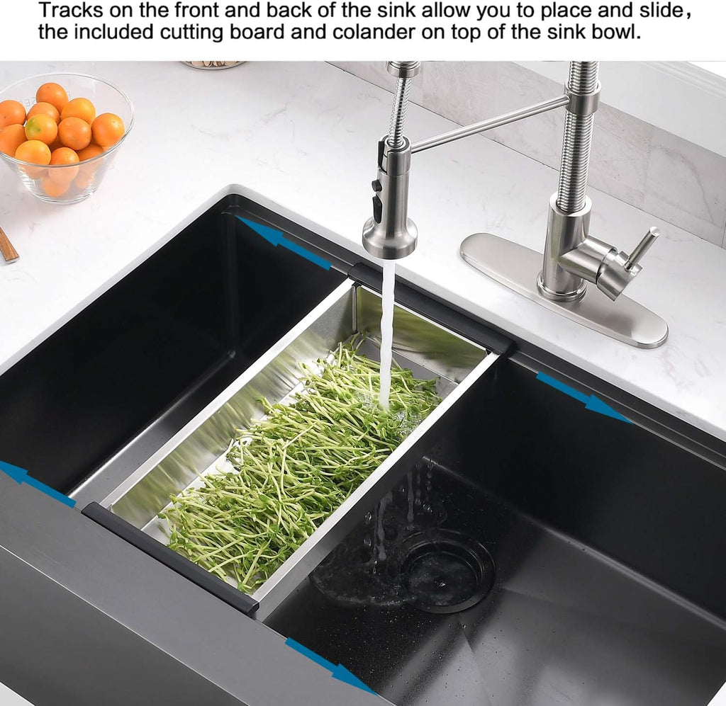 33 Inch Black Farmhouse Kitchen Sink - VOKIM 33x22 inch Flat Apron Front Farmhouse sink Workstation 16 Gauge Stainless Steel Single Bowl Farm Kitchen Sink