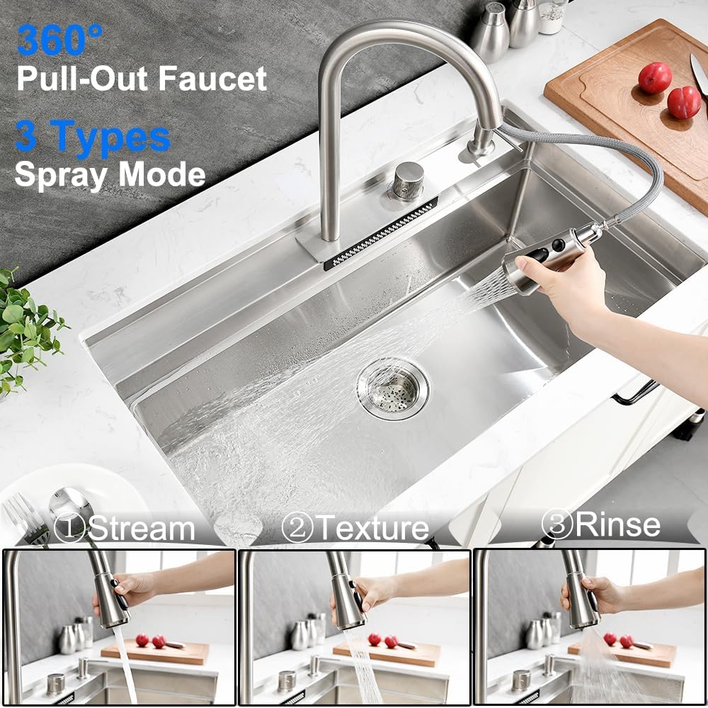 33 Inch Undermount Waterfall Kitchen Sink, 33x19 Undermount Kitchen Sink Stainless Steel Kitchen Sink with Faucet 16 Gauge Single Bowl Multifunctional Kitchen Sink