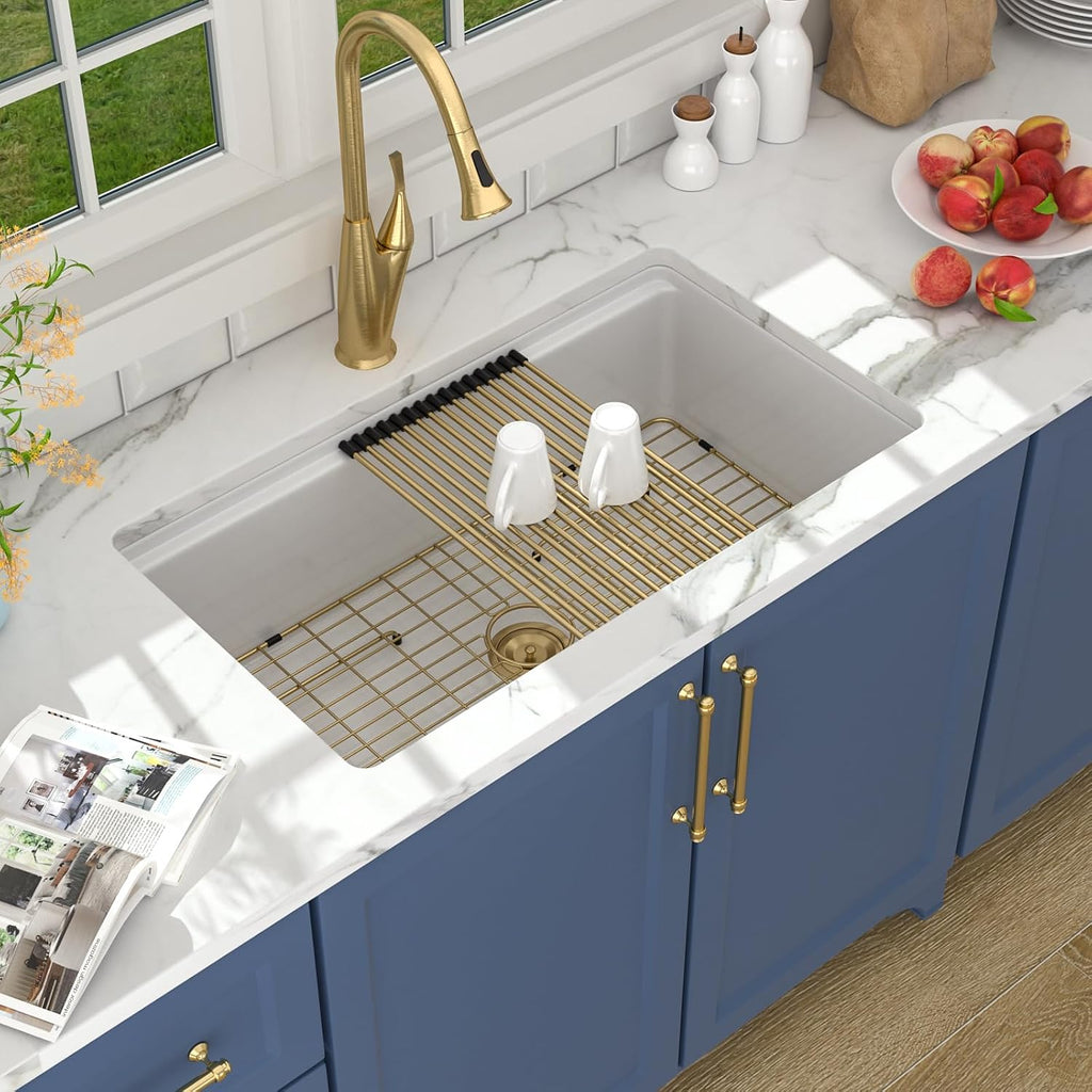 Lordear 33 Inch White Kitchen Sink Fireclay Porcelain Ceramic Undermount Sinks Single Bowl Rectangular Basin Workstation with Slide Ledge Dual Mount 33x19x10 Inch