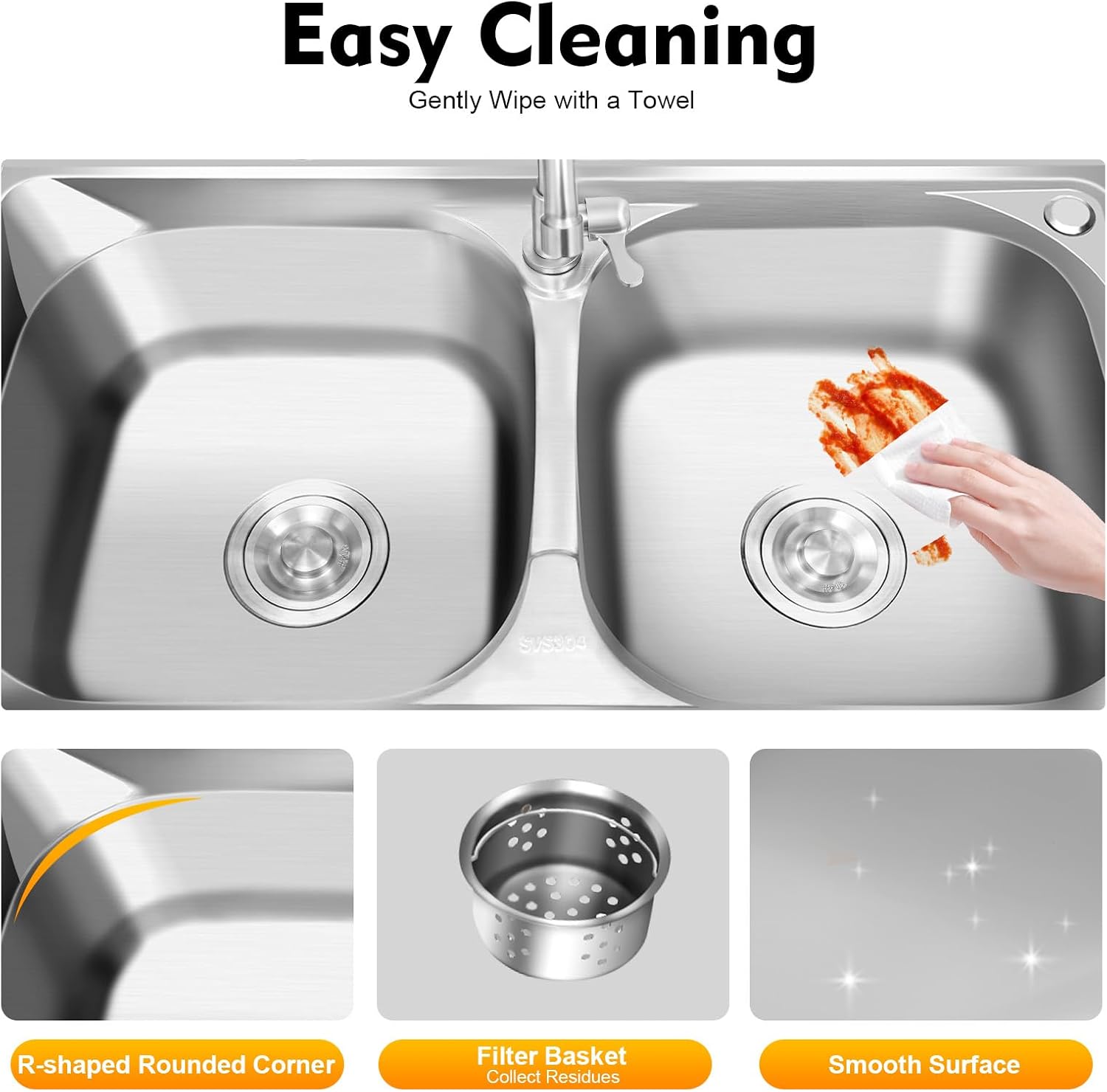 47' Commercial Stainless Steel Kitchen Sink, 2-Bowl Triple Layer with Single Faucet, Commercial Restaurant Kitchen Sink for Restaurant, Food Truck & Home Kitchen