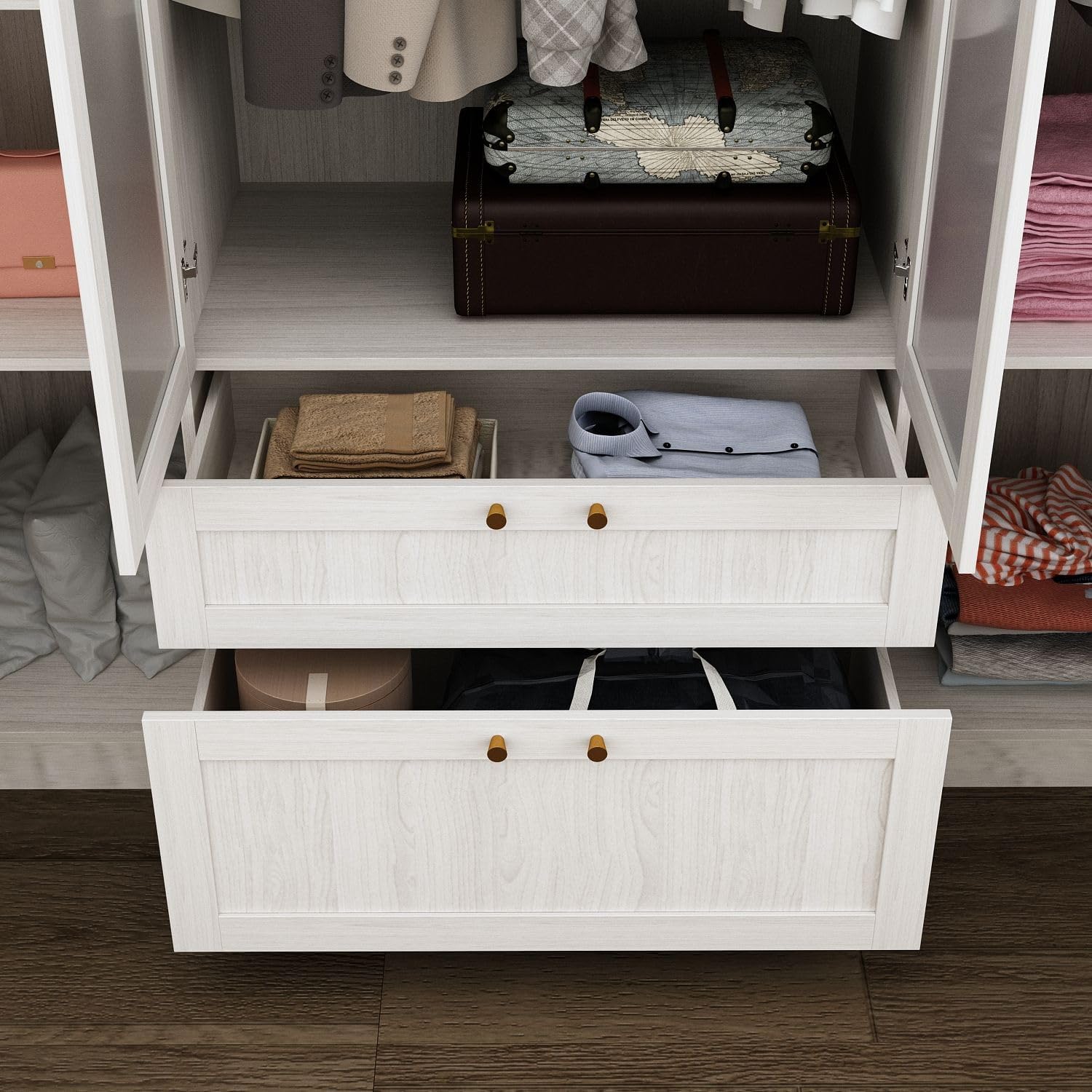 MOUMON Bedroom Armoires with Frosted Glass Doors and Hanging Rod, Wide Modern Wardrobe with Drawers, Large Armoire Wardrobe Closet, Wood Grain 63' W x 19.7' D x 70.9' H