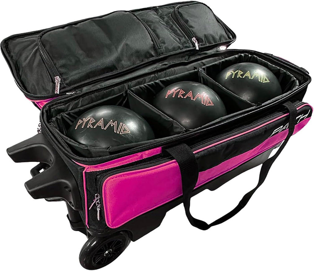 Pyramid Path Triple Premium Deluxe Roller Bowling Bag With Extra Large Separate Shoe Compartment (Up To US Mens Size 16) and 5 Accessory Pockets, 5' Wheels, Retractable Locking Handle - Extends to 42'