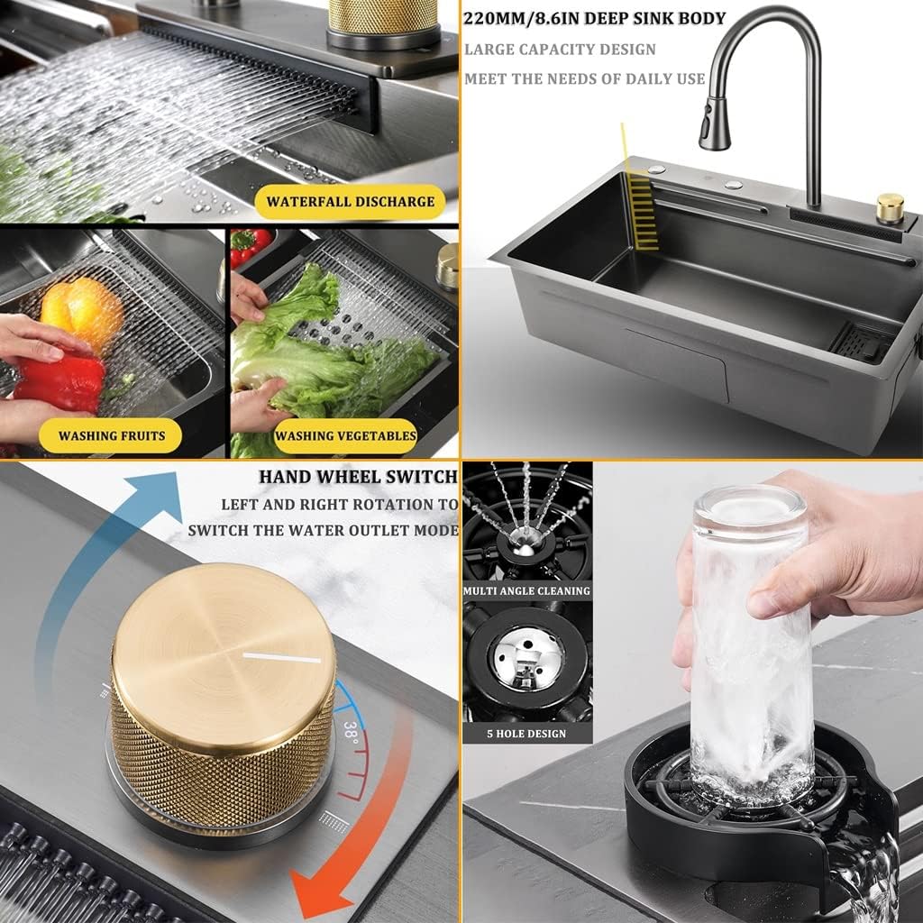 Bar Kitchen Sink Versatile Stainless Steel Single-Bowl Kitchen Workstation Sink Waterfall Pull-Down Faucet and Complete Accessory (Color : Black, Size : 75x45x22cm) (Black 68x45x22cm)