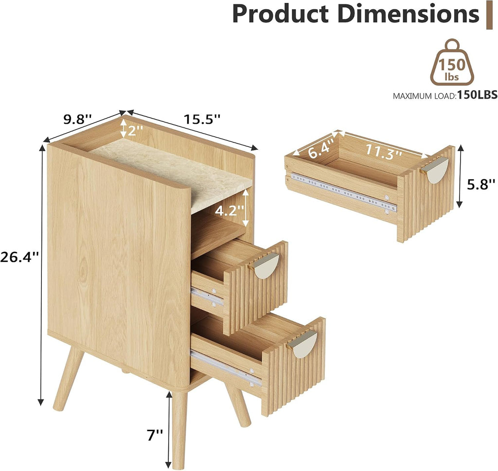 26.4' Tall Narrow Nightstand Set of 2, 9.8' Wide Fluted End Table with 2 Drawer & Open Shelf, Wood Night Stand w/Rounded Corner, Slim Side Table for Bedroom/Entryway/Living Room, Natural