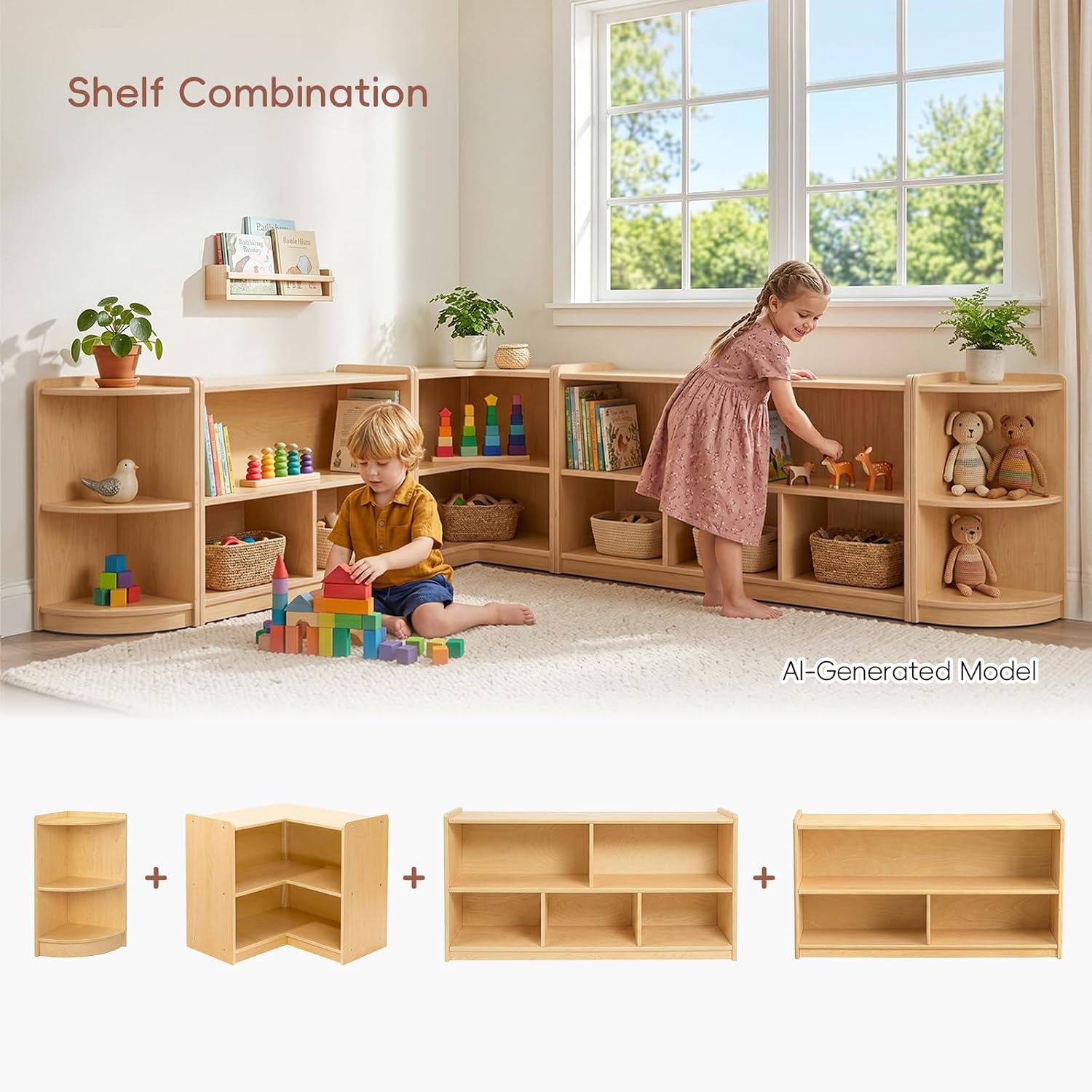 OOOK L-Shape Montessori Bookshelf for Compact Corner Space, Fits Shelf Combination Series in Kids Room, Daycare Center, Nursery, Classroom, Kindergarten