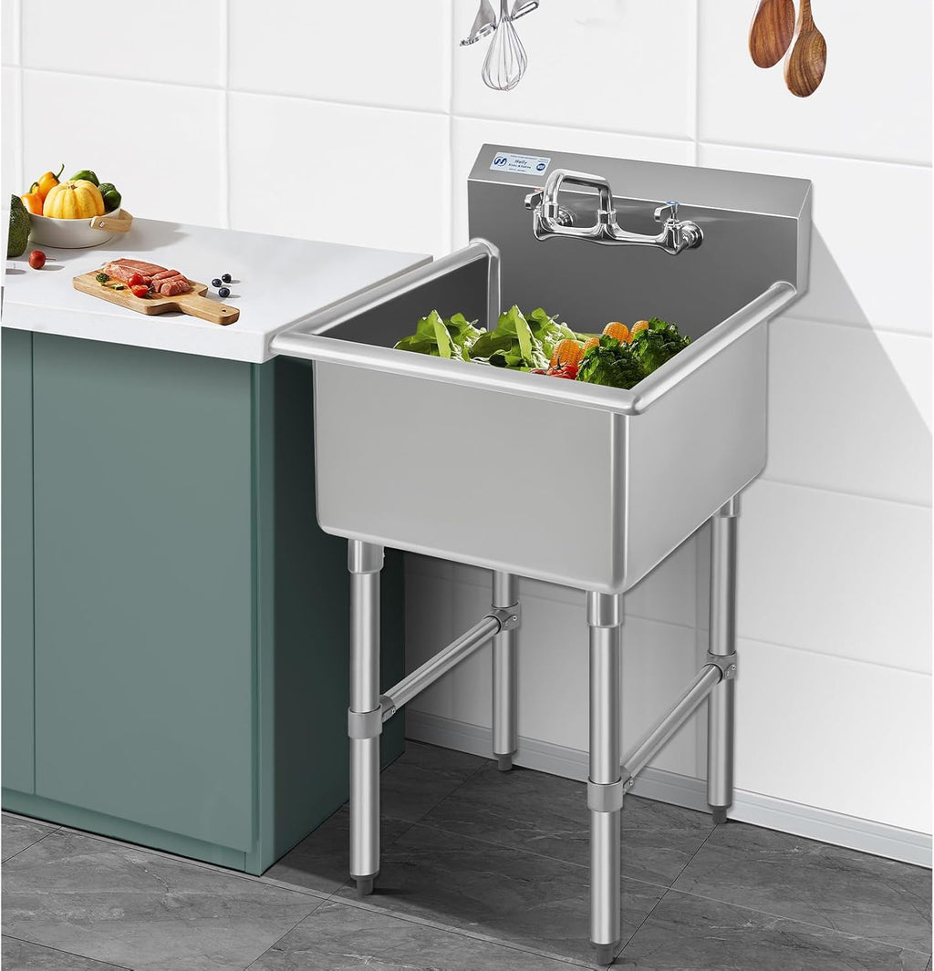 HALLY Commercial Stainless Steel Sink 1 Compartment NSF Prep & Utility Sink with 8' Faucet 24' L x 24' W x 12' D Bowl for Bar, Restaurant, Kitchen, Hotel and Home