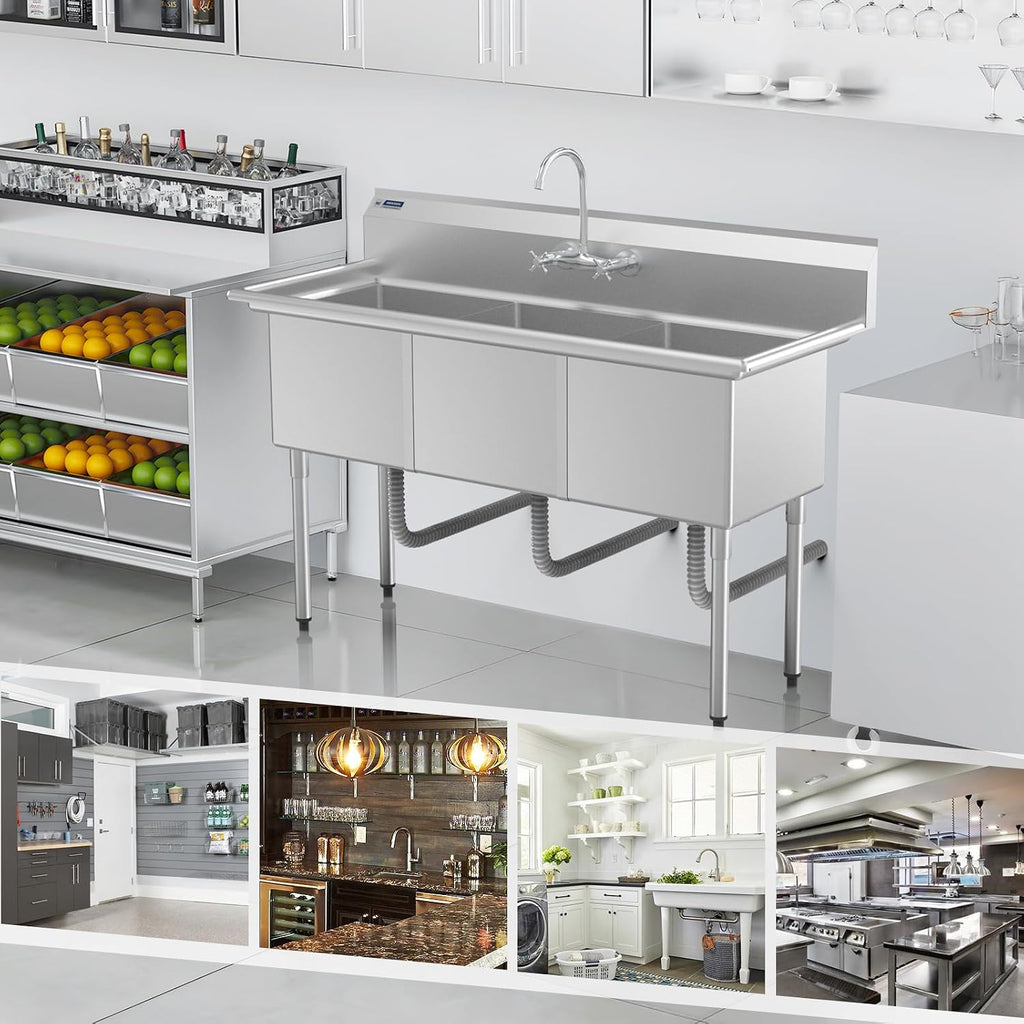 ROVSUN NSF Commercial 3 Bowl Kitchen Sink, 304 Stainless Steel, Free Standing Utility Sink for Kitchen, Laundry Room, Garage, Restaurant